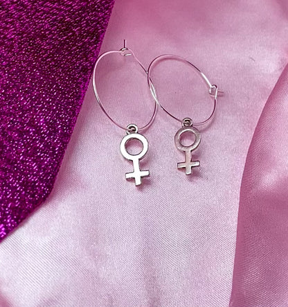 Silver Venus symbol hoop earrings