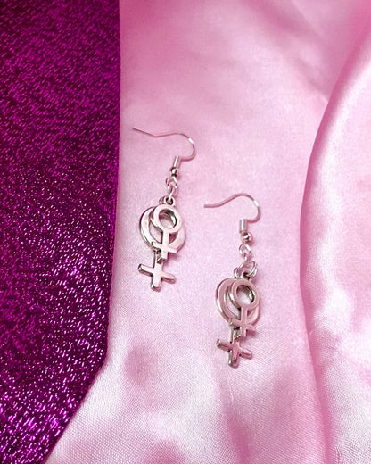 Double Venus silver earrings, small and big layered charm earrings