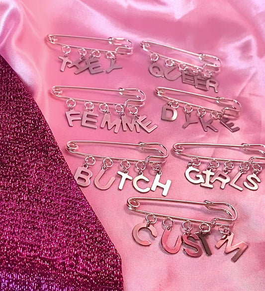 Safety pin custom word letter charm brooch