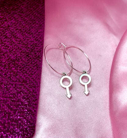 Silver Mars symbol hoop earrings