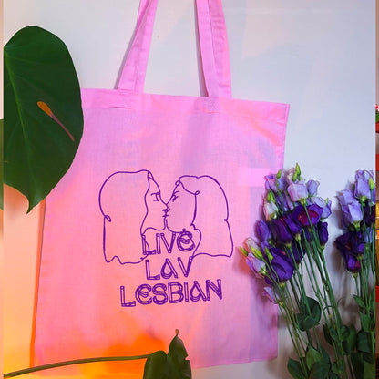 Live Lav Lesbian, pink tote bag with purple vinyl text and image. Leftbians Collab with Lavender Rodriguez