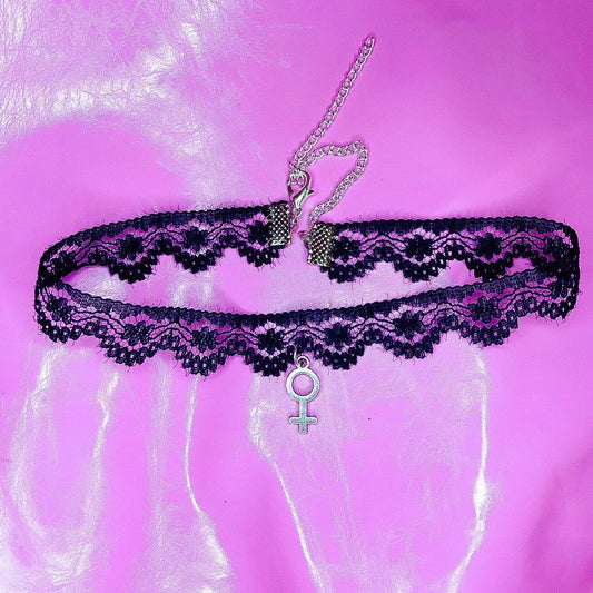 Black lace choker with venus symbol charm