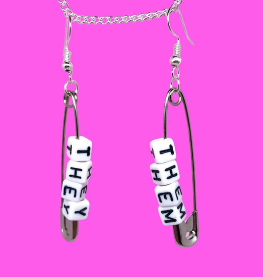 They Them pronoun safety pin earrings