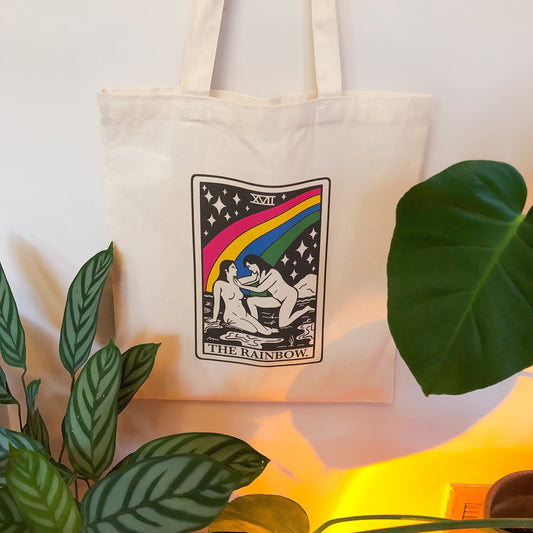 The rainbow tarot card beige tote bag
