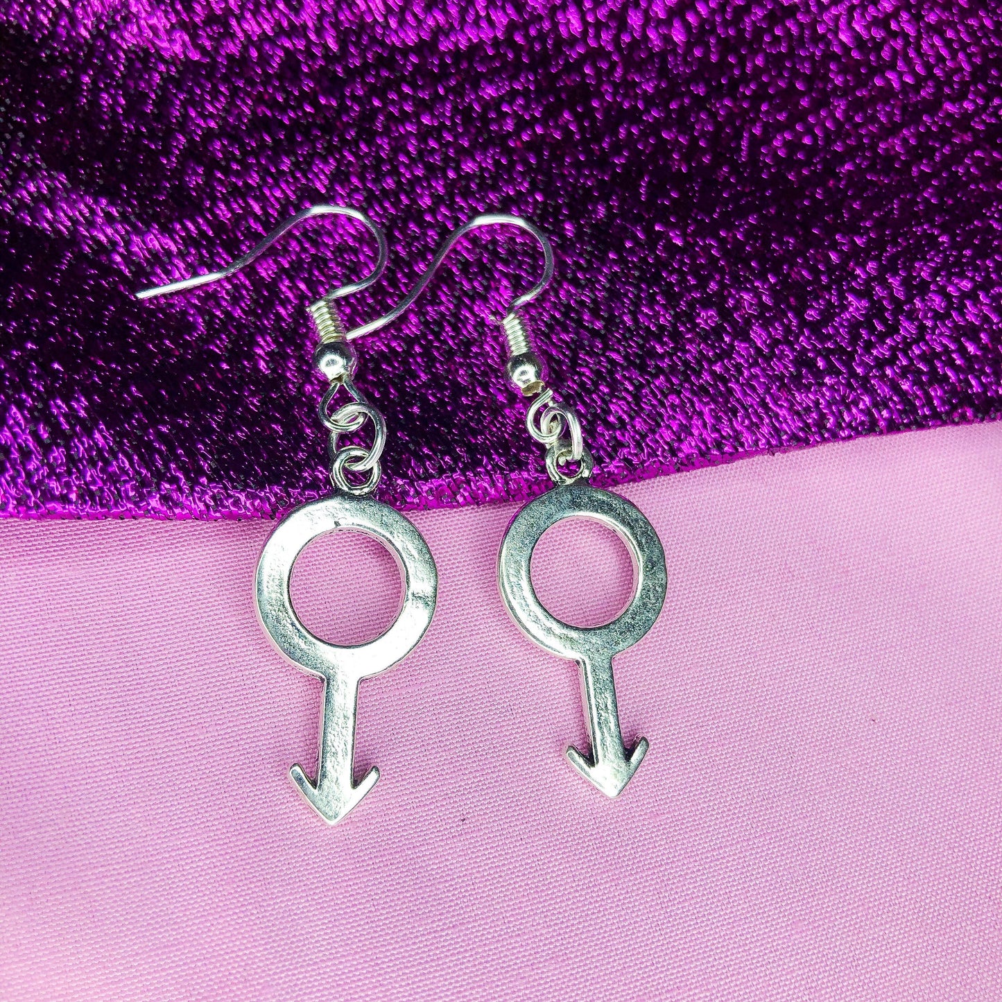 Silver Mars symbol charm earrings