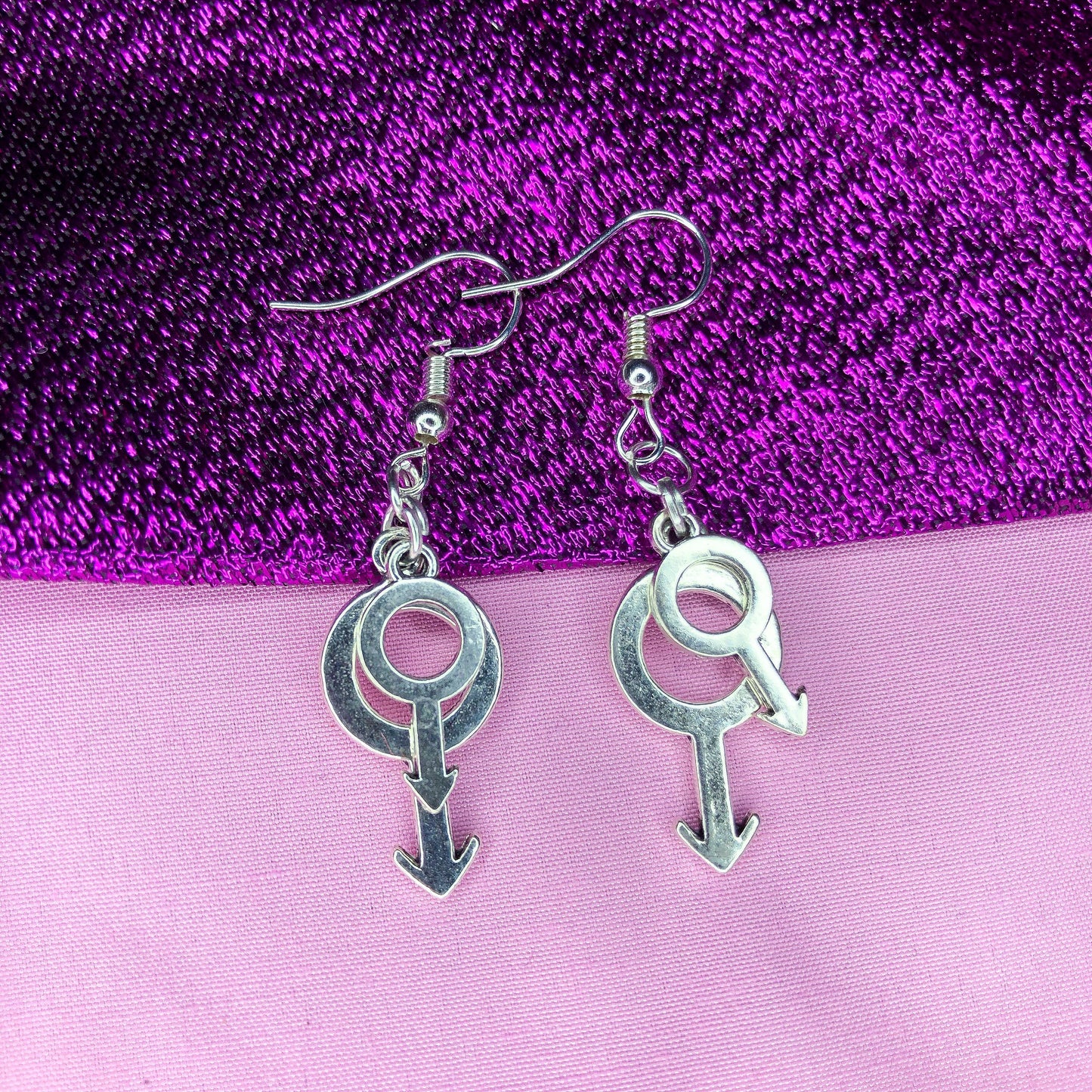 Double mars silver earrings, small and big layered charm earrings