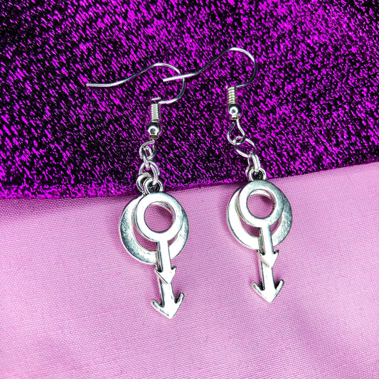 Double mars silver earrings, small and big layered charm earrings