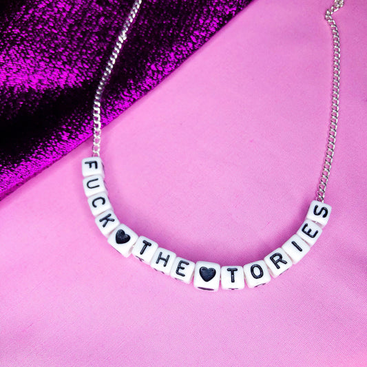 Fuck The Tories white letter bead necklace