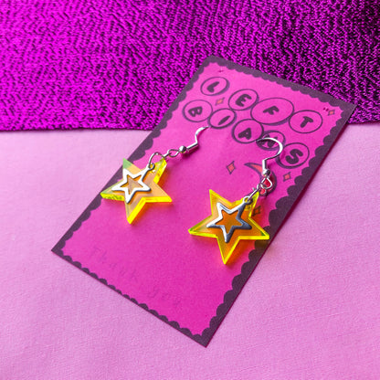 Colourful acrylic star earrings with silver colour star charms, mix and match colours, mismatch earrings