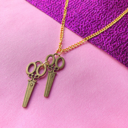 Double Scissor bronze charm necklace