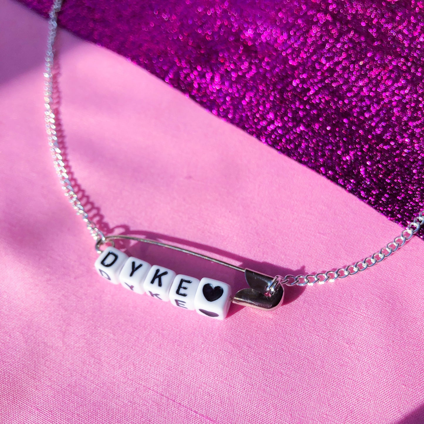 Customisable safety pin word letter block necklace