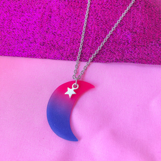 Bisexual flag colours on a crescent moon charm attached to a stainless steel necklace chain