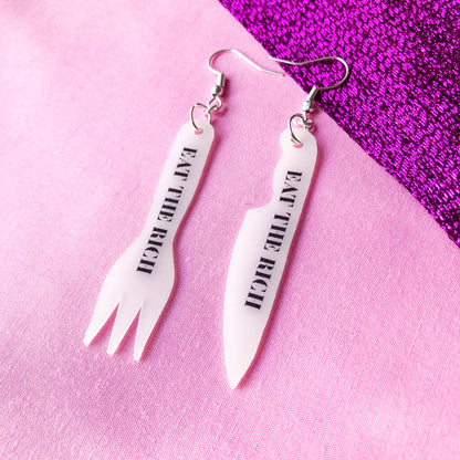 EAT THE RICH, knife and fork earrings