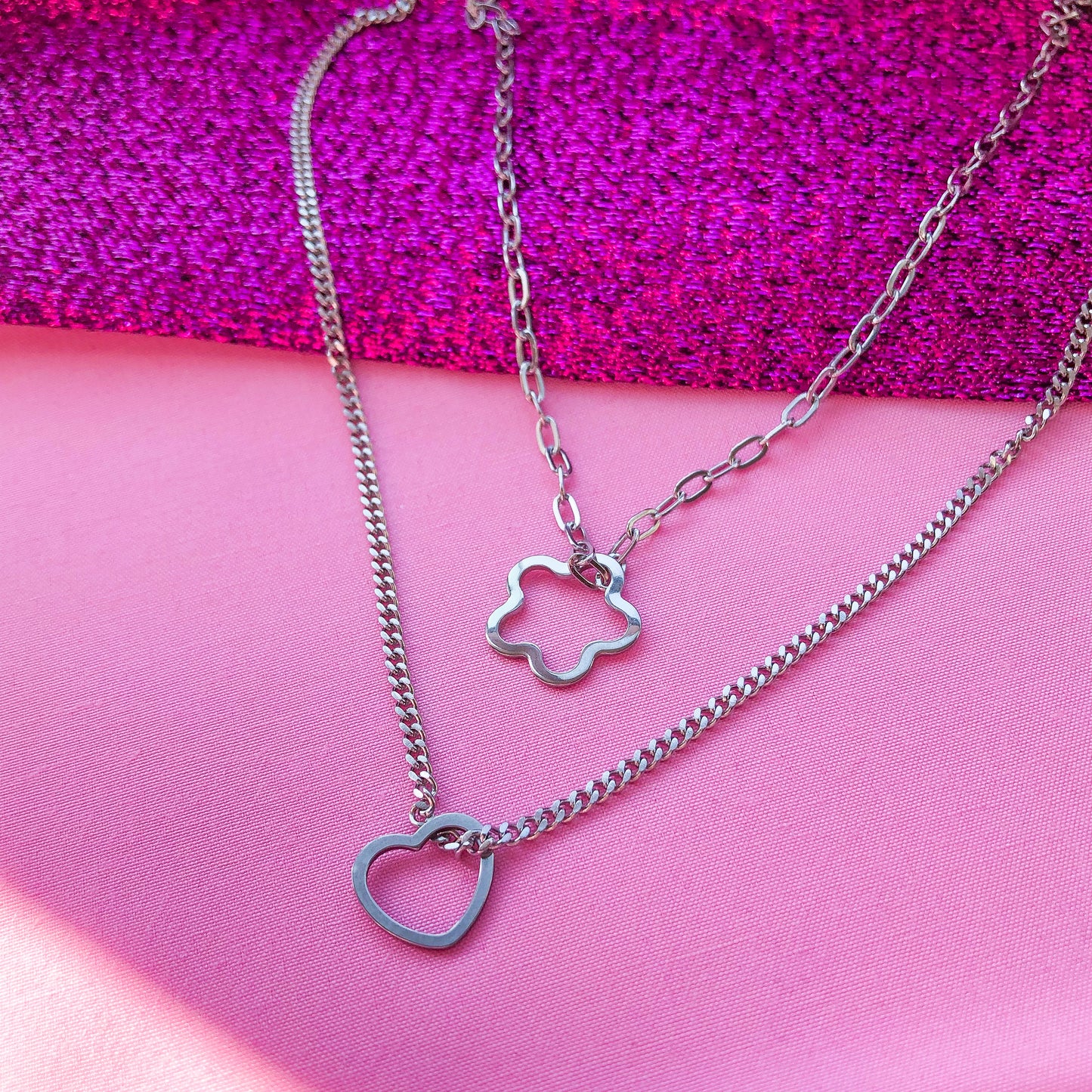 Layered stainless steel necklace with love heart and flower charm