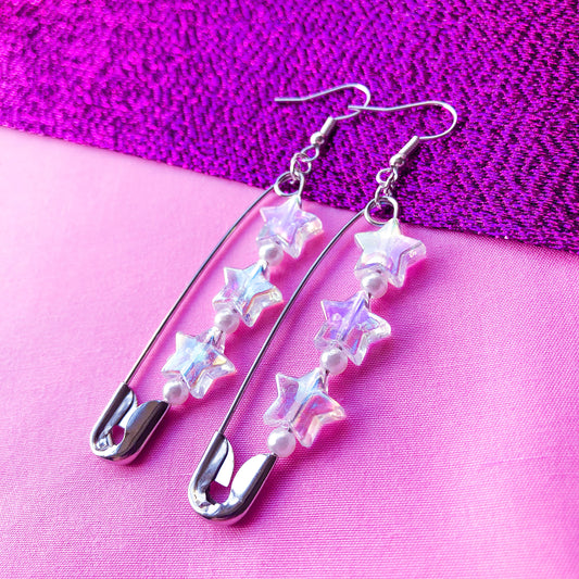 Safety pin earrings with Iridescent star charms