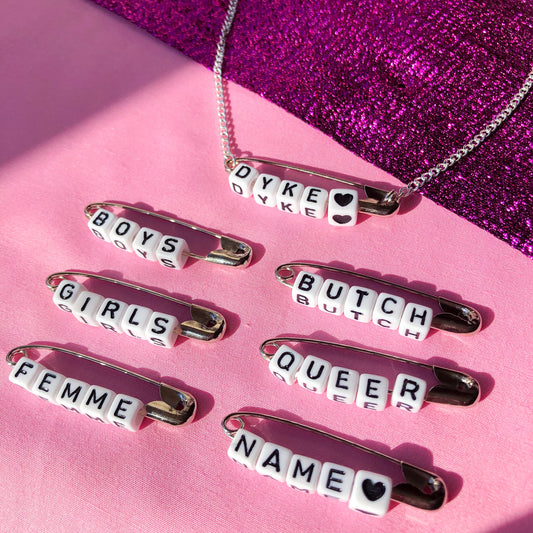 Customisable safety pin word letter block necklace