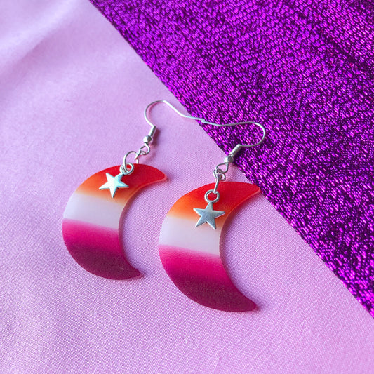 Lesbian flag crescent moon earrings