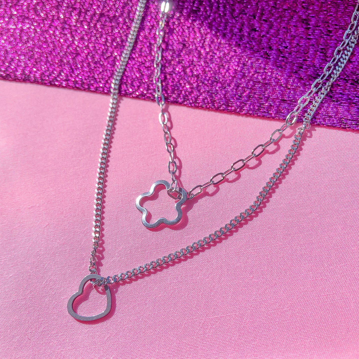 Layered stainless steel necklace with love heart and flower charm