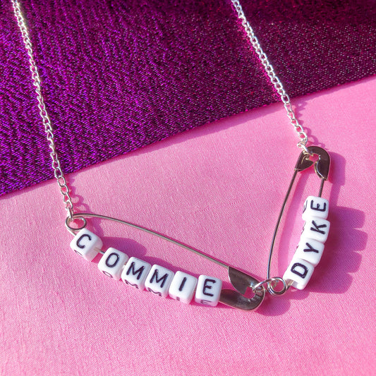 Commie Dyke safety pin word necklace