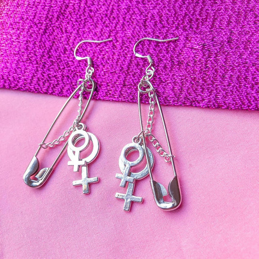 Safety pin earrings with Double Venus symbol