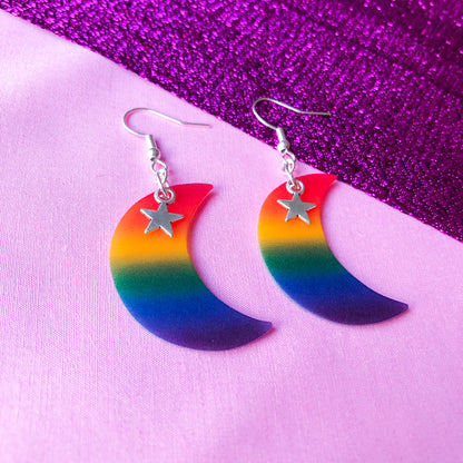 Rainbow gay pride flag crescent moon earrings