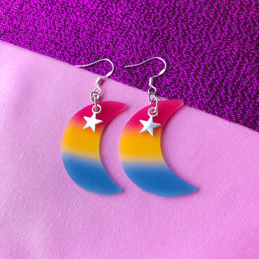 Pansexual flag crescent moon earrings