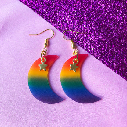 Rainbow gay pride flag crescent moon earrings