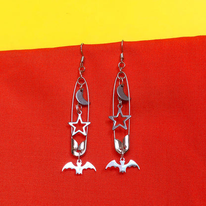 Bat moon and star safety pin earrings