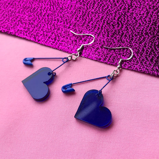 Blue safety pin and acrylic heart earrings