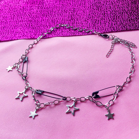 Black safety pin and star charm steel necklace