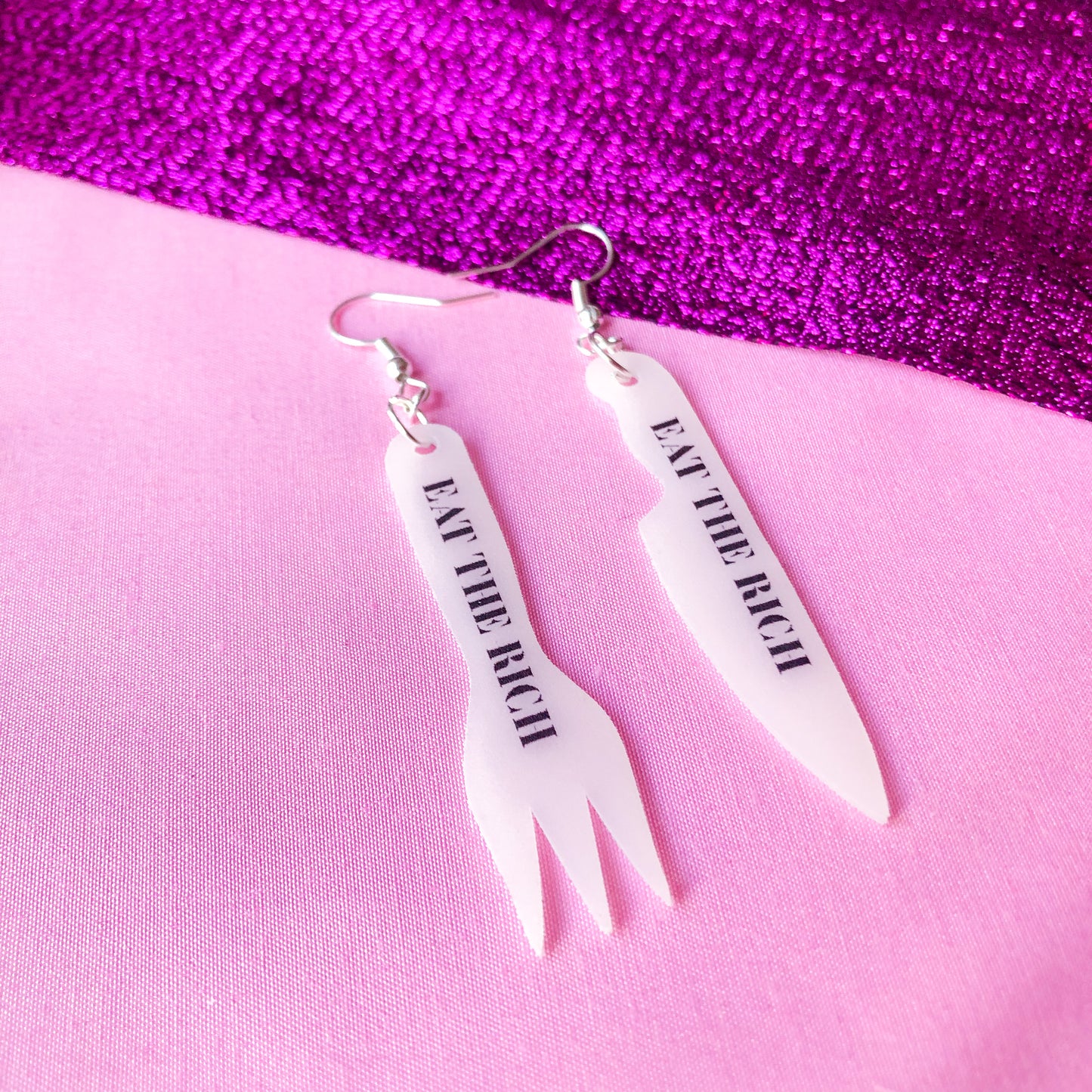 EAT THE RICH, knife and fork earrings