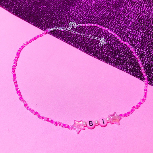 Pink “Bi” beaded necklace, Bisexual necklace.